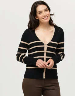 Christine Laure Gilets|Maille*Gilet rayé noir beige