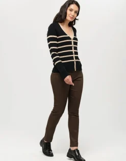 Christine Laure Gilets|Maille*Gilet rayé noir beige