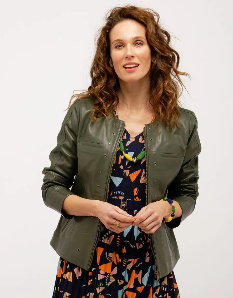 Christine Laure Vestes|Casual*Veste 100% cuir kaki